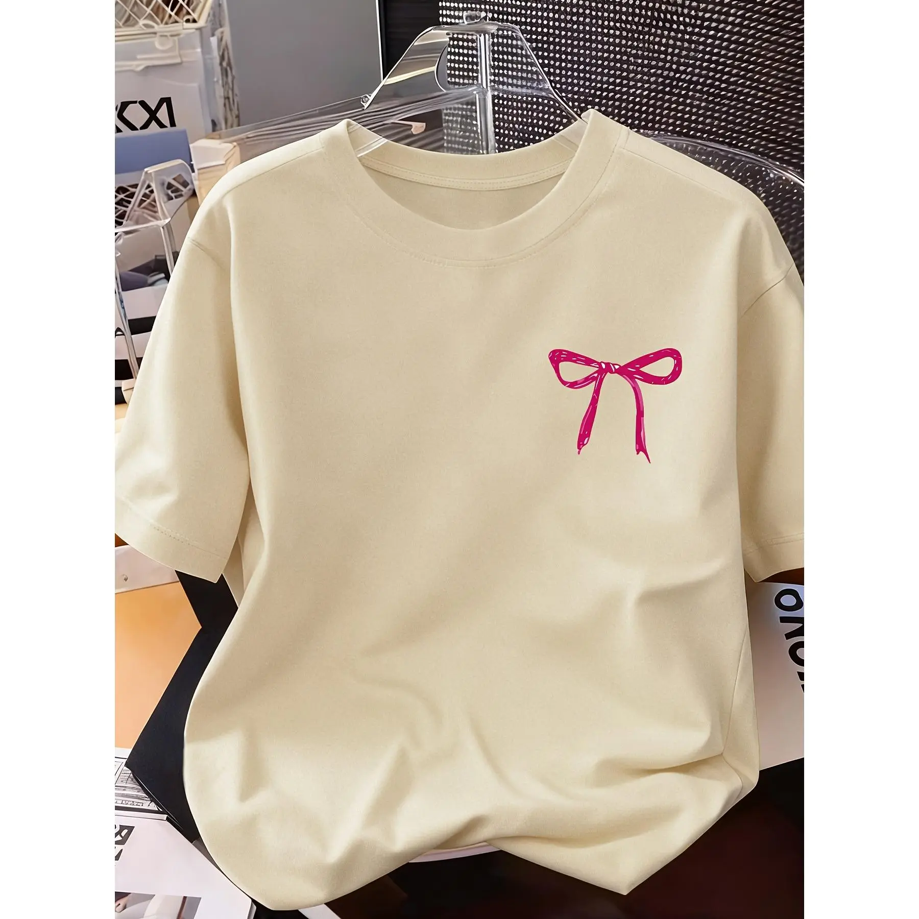 [Pink Bow Tee] 2026 Spring/Summer New Y2K Pink Bow Pattern Printed T-Shirt, Casual Trendy Comfortable Niche Short Sleeve Tee