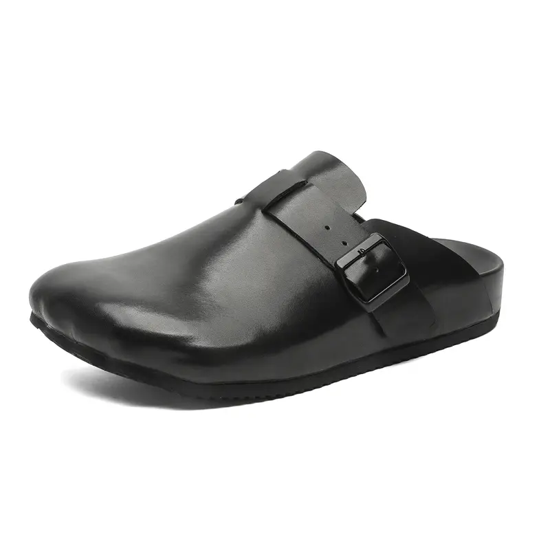 Men's Black Smooth Leather Mule Shoe - Adjustable Buckle, Closed-Toe, Backless Flat Footwear for Outdoor Commuting, Casual Wear, All Season, Style 55016