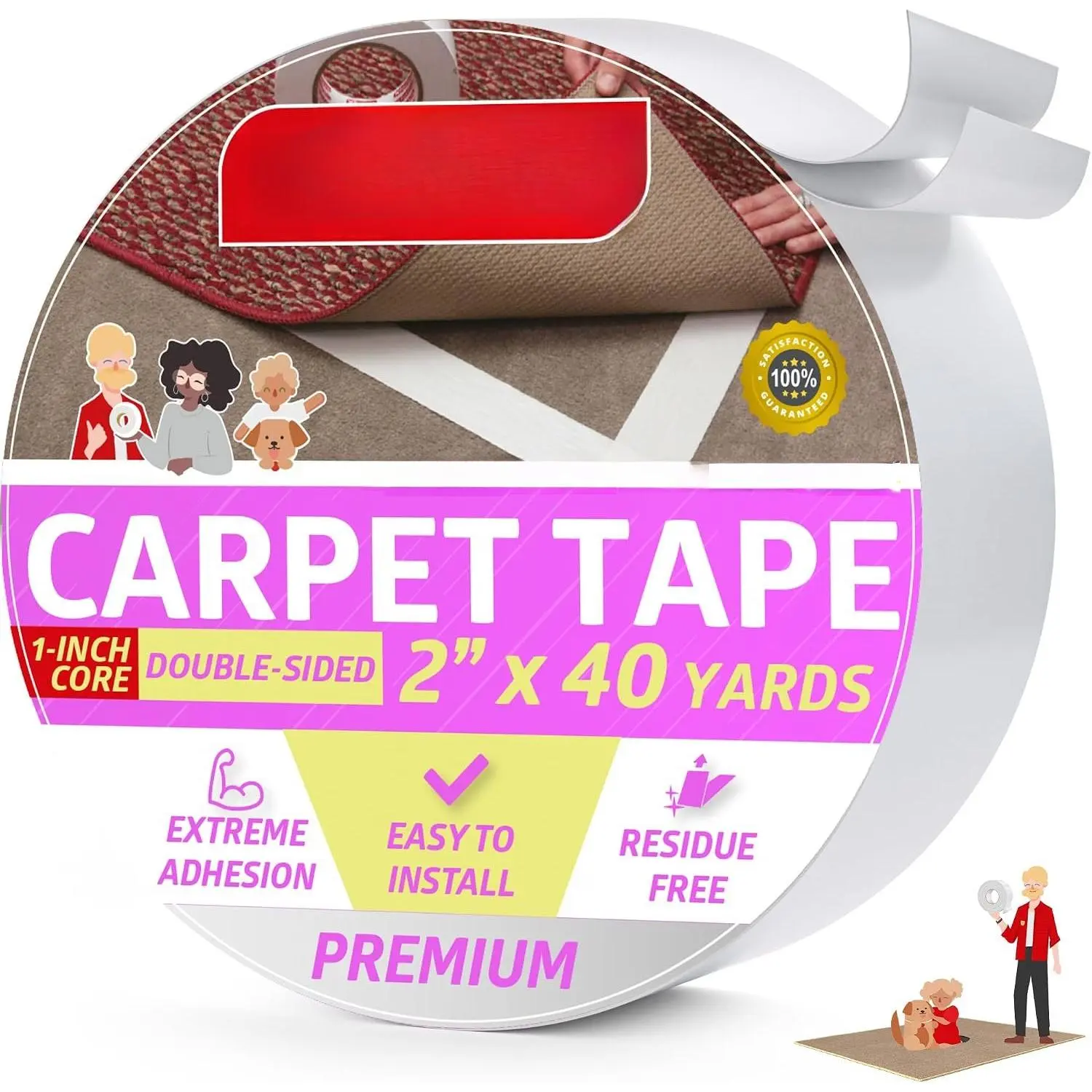 Double Sided Carpet Tape - Heavy Duty 2” x 5 yds, 1” Core Carpet Tape for Area Rugs Over Carpet, Keep Rug in Place, Double Sided Rug Tape Hardwood Floor, Laminate, Tile