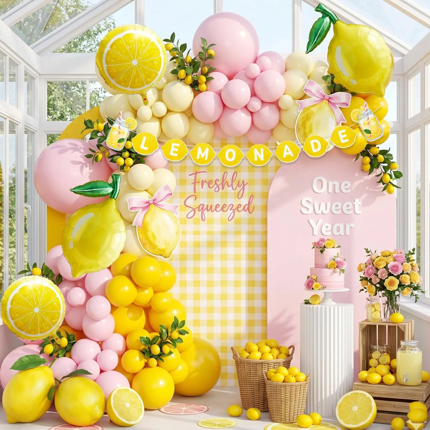 Lemonade Party Decorations Balloon Arch Kit with Lemon Banner, Pink Yellow Lemon Balloons for Summer Birthday, Lemon Baby Shower Decor, Freshly Graduated Lemon Decor,Amalfi Coast Citrus Party Supplies