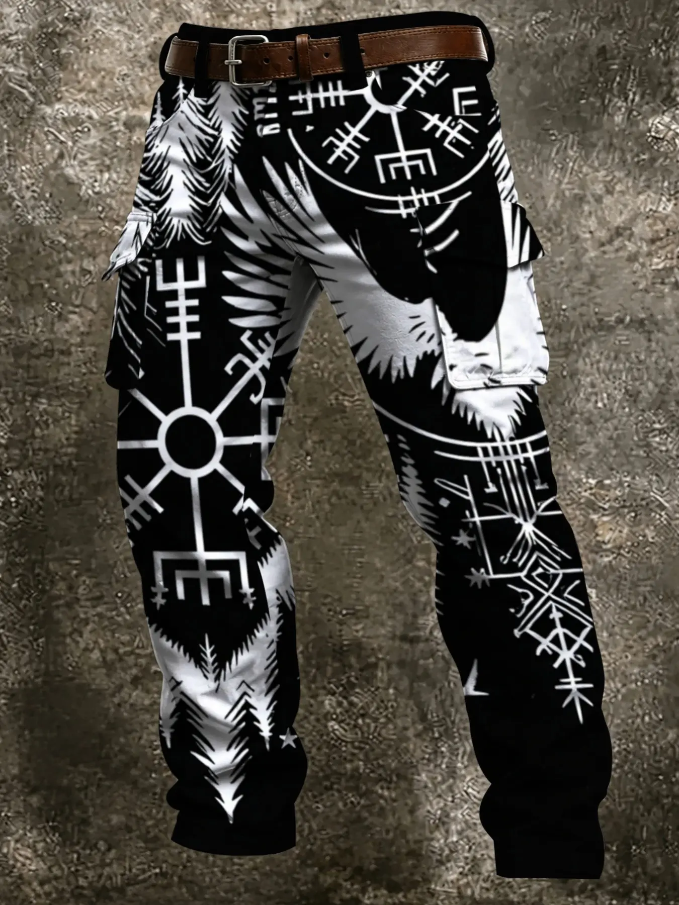 Nordic Forest Rune Theme Work Pants, Full Background Viking Compass Pine Pattern, Multi-Pocket Loose Fit Camping Casual Long Pants