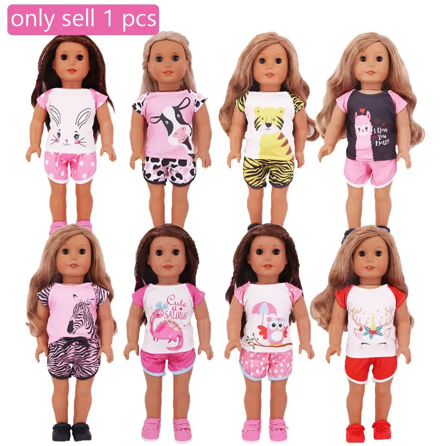 8 Styles Cartoon Doll Pajamas, 2pcs Short Sleeve Animal Print Set, Fits 18 Inch Girl Doll, Perfect Birthday Gift, DIY Essential