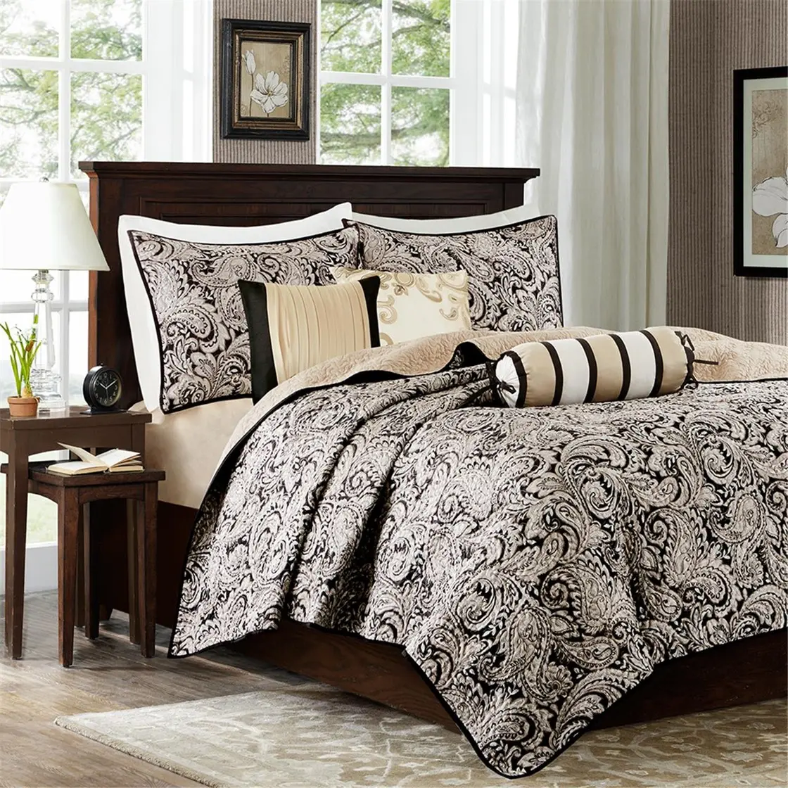 Nokaa 6 Piece Jacquard Quilt Set with Throw Pillows King Size Bedding - Black Cotton Lightweight Quilted Bedspread with Shams and Decorative Pillow Covers for Master Bedroom Guest Room