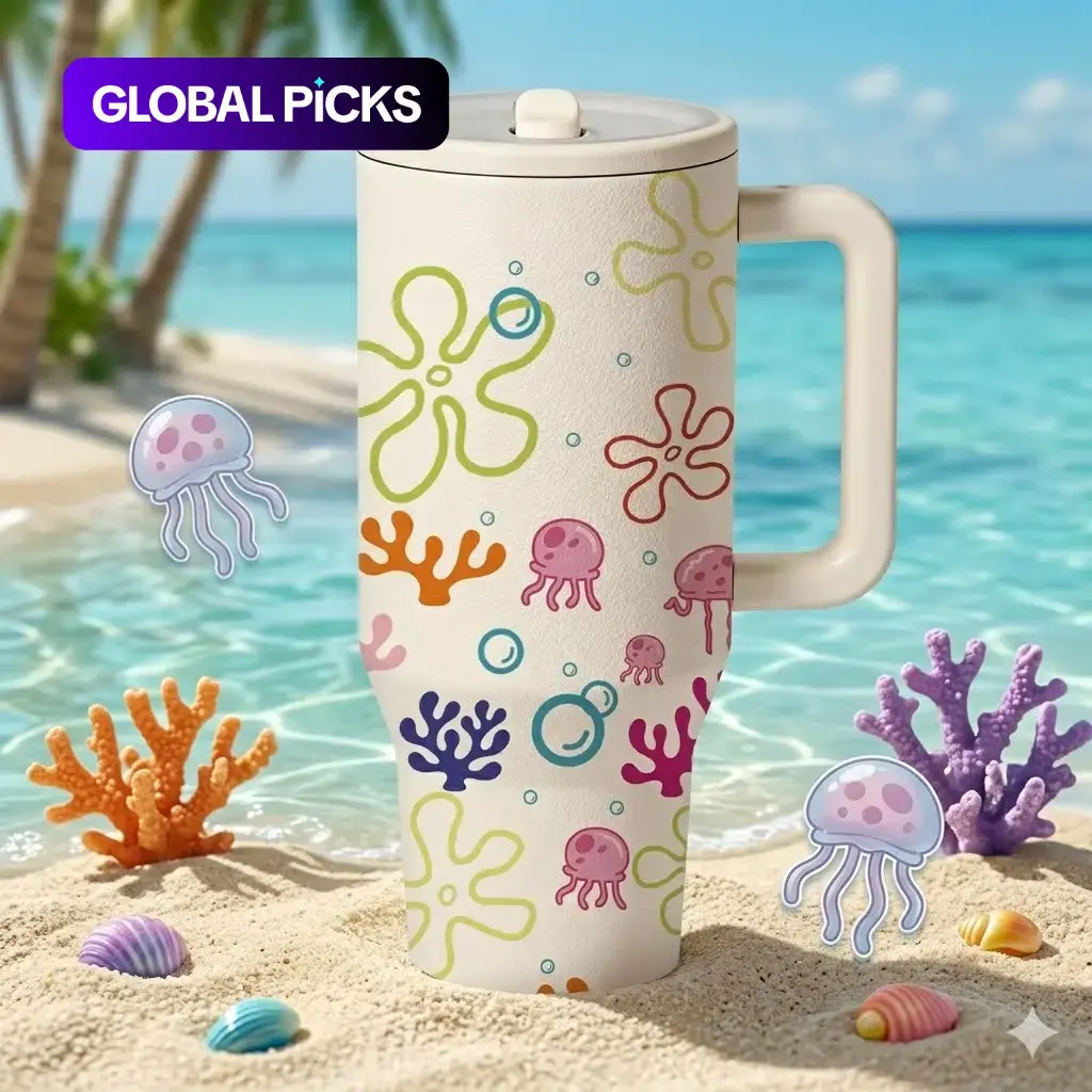 1PC 40oz Insulated Mug, Bikini Bottom Inspired Thermal Cup, Ocean Jellyfish Coral Print, Double Wall, Leak-Proof, Handle & Straw Lid, 12H Hot/24H Cold Retention, Large Capacity Travel Tumbler, Gift for Women & Men
