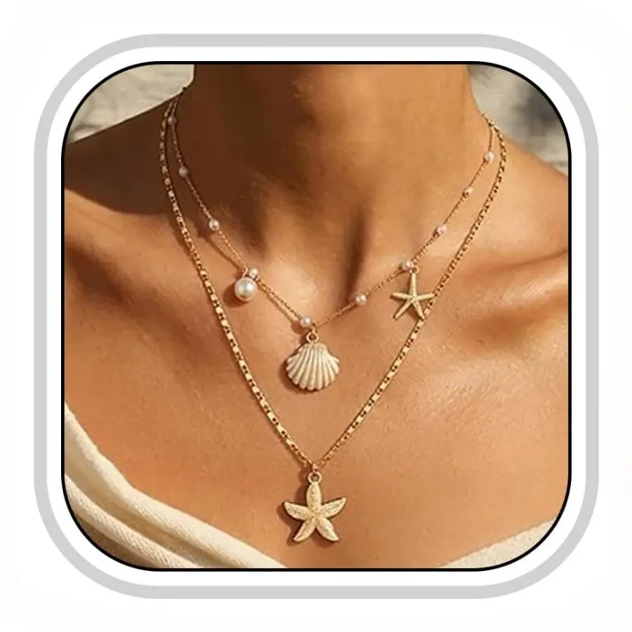 Women's Gold-Plated Coastal Beach Necklace - Dainty Costume Chain Jewelry Necklaces with Starfish, Conch, Seashell, Pearl Charms for Summer Vacation