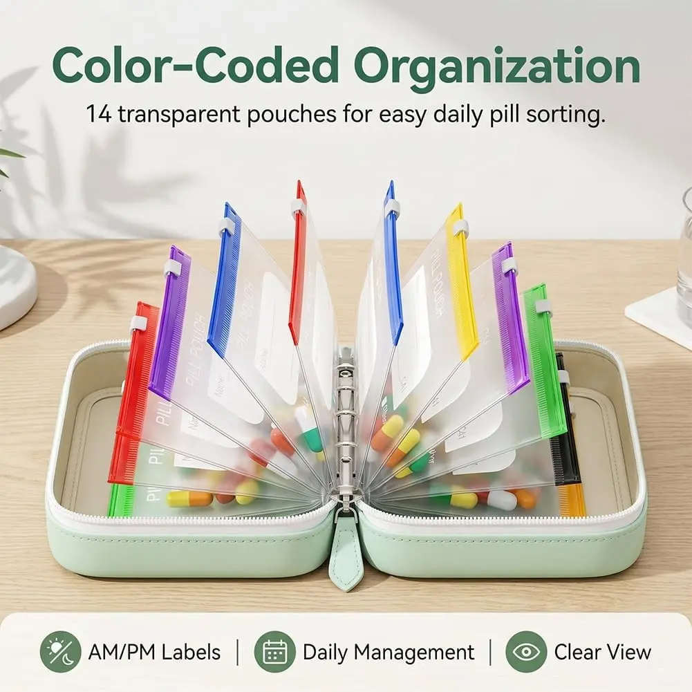 1 Set A8 Waterproof Pill Organizer Kit, 14 Color Label Resealable Medicine Zipper Bags, Spacious Home Daily & Travel Medication Pouches for Pills, Vitamins, Fish Oil & Daily Supplements, Portable Vitamin Organizer