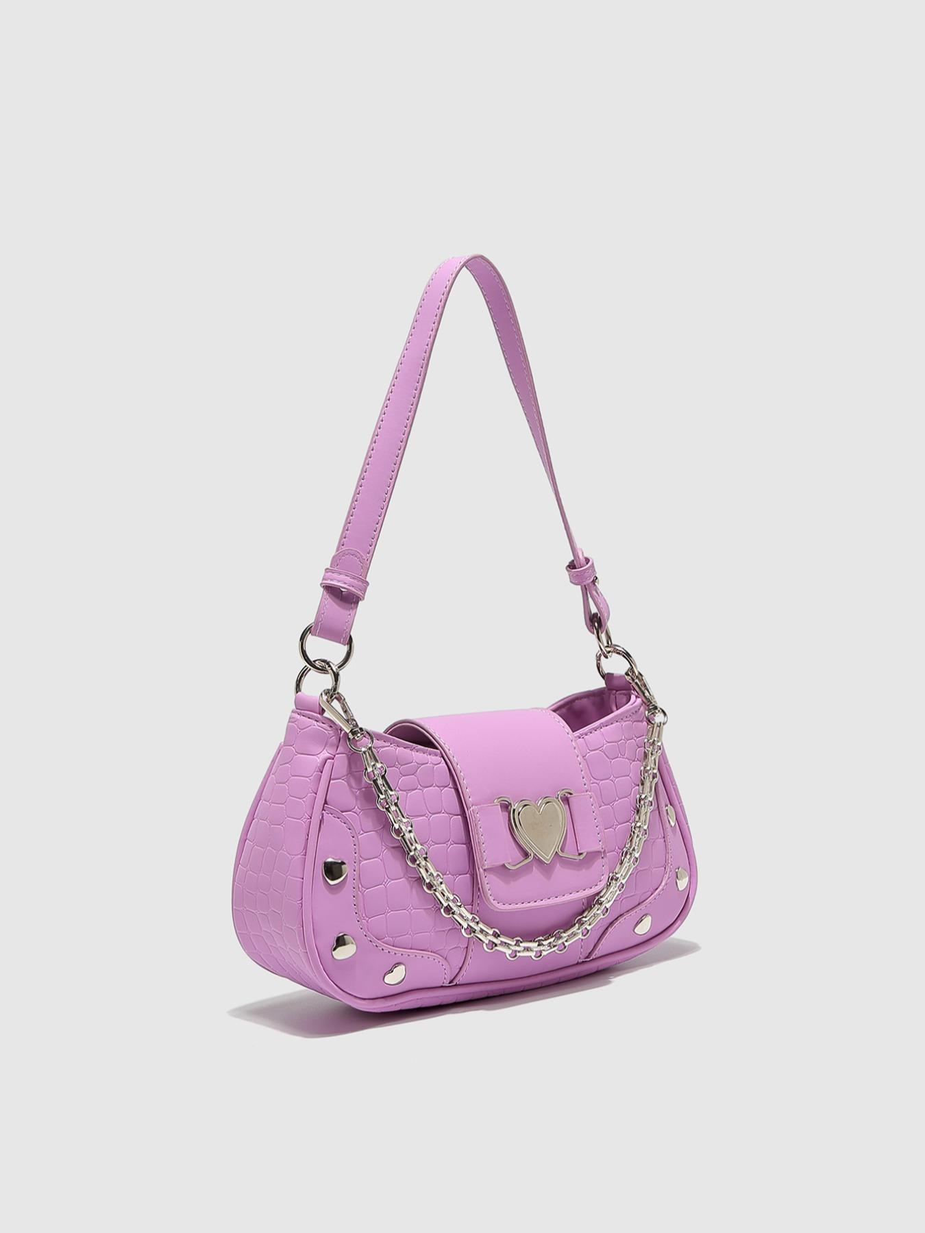 Women's Fashion Chain Decor Shoulder Bag, Heart Decorated Crocodile Textured Pu Leather Bag for Daily Used, Trendy All-match Underarm Bag, Cute Y2k Punk Style Hobo Dumpling Bag, Casual Zipper Purse, Chic Chain Crossbody