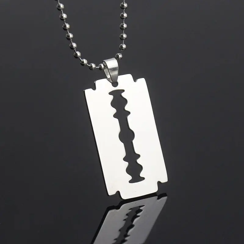 Stainless Steel Blade Razor Pendant Necklace, Gothic Punk Silver Color Male Jewelry, Hiphop Stress Relief Toy Accessories