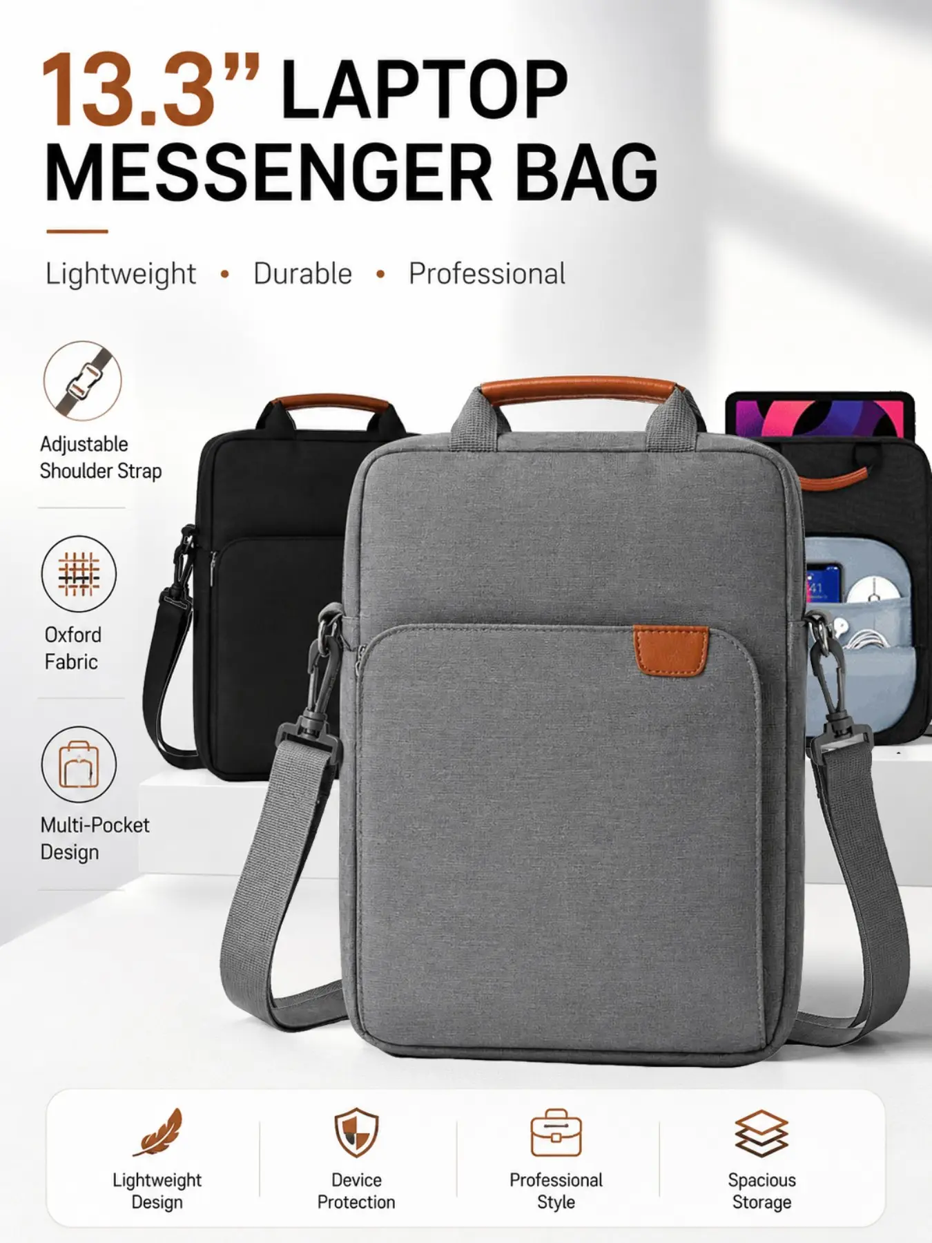 13.3 Inch Laptop Bag, Durable Oxford Fabric Messenger Bag with Adjustable Straps, Lightweight Crossbody Shoulder Bag for Daily Commute, Multi Functional Bag, Laptop Work Bag, Vertical Tablet Sleeve Design, Waterproof Computer Bag