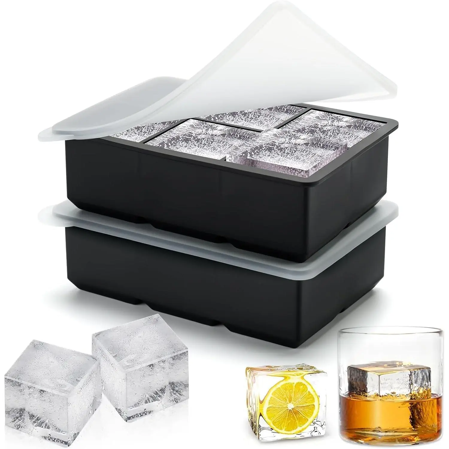 Silicone Ice Cube Tray, Easy Release Flexible Silicone Freezer Mold with Removable Lid, 2PCS of 6 Large Ice Cubes Tray  Whiskey, Freezer, Cocktail, Reusable & BPA Free (6 Square*2)
