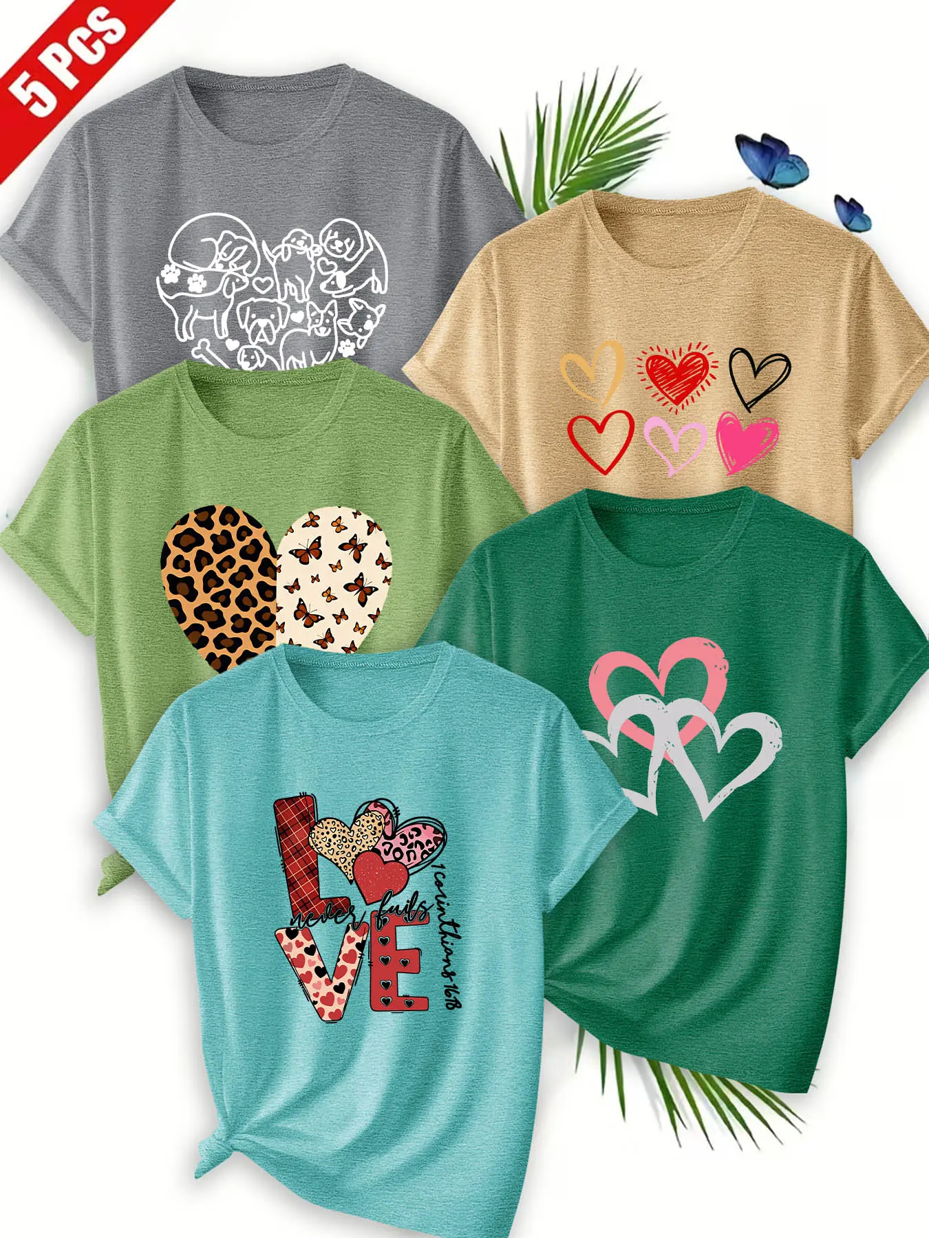 5Pcs Women Crew Neck T-Shirt, Mixed Style Heart Leopard Cute Pet Warm Print, Multi-color Available, Machine Washable, Soft Skin-friendly Spring Summer Daily Stylish Top