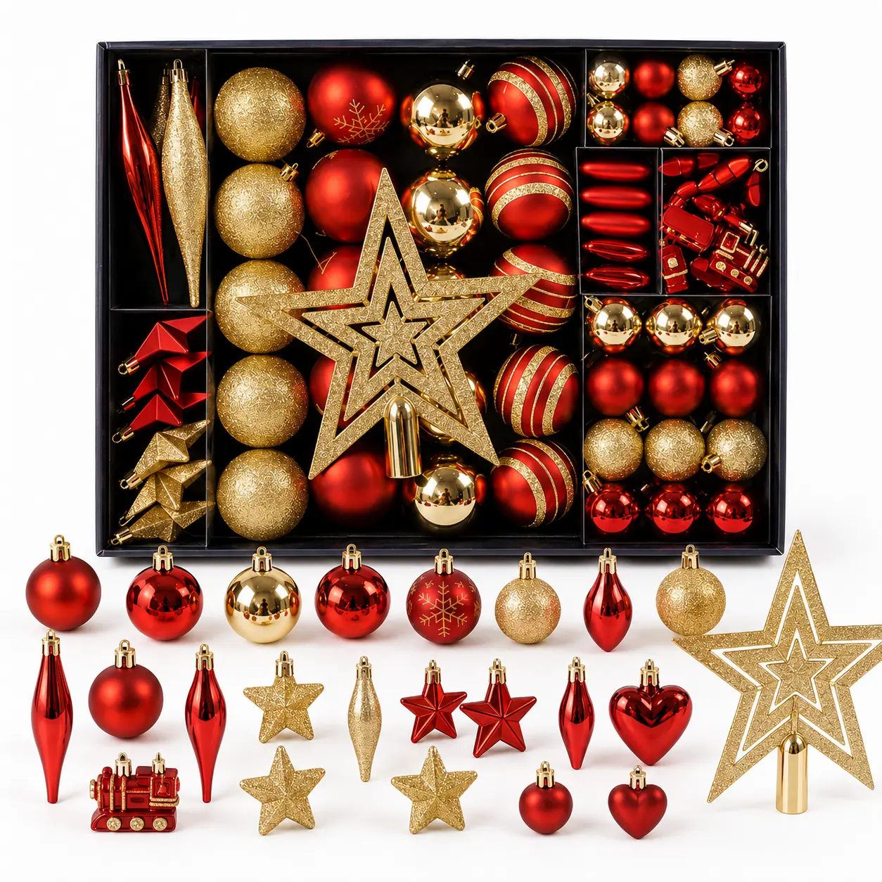 88PCS Christmas Ornament Set, Red Gold Christmas Tree Decorations Kit with Balls Stars Hearts Finials and Tree Topper, Shatterproof Holiday Ornaments for Christmas Tree, Home Party Winter Decor