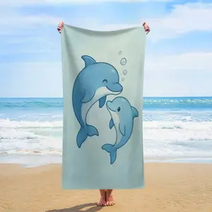 Cute Mom & Baby Dolphin Beach Towel,Light Blue Watercolor Dolphin Print Quick Dry Beach Towel,Adorable Ocean Animal Summer Pool Towel For Pool,Beach & Summer Vacation