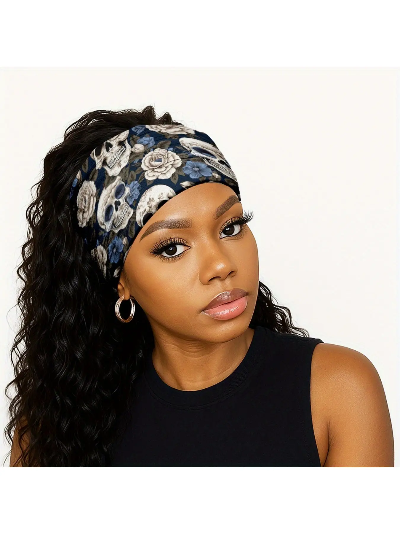 1pc Skull Floral Headband for Women - Vibrant Blue & Black Yoga & Running Accessory, Casual Attire Headband with Floral Design, All-Season Comfort Fit, Yoga Headband, Playful Headwear, Comfortable Headwear, Stretchy Headbands