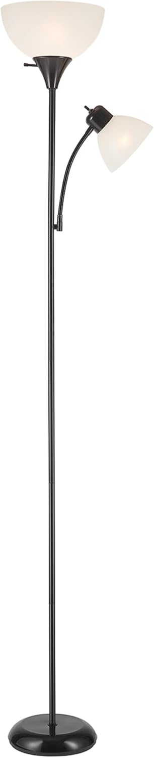 72" Torchiere Floor Lamp with Adjustable Reading Light, Matte Black Finish, Frosted Shade, Dual Rotary Switch, 3-Step Dimmable Modern Standing Lamp for Living Room or Office