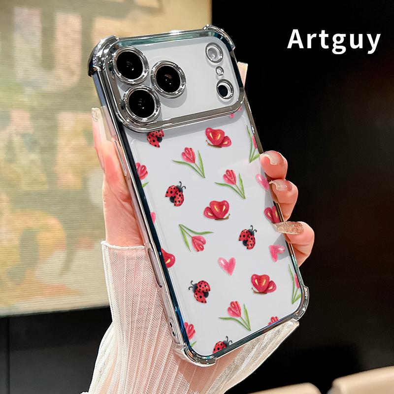 Ladybug Floral Dream Pattern Phone Case for iPhone 17 Pro Max 16 15 Plus Air 14 13 12 11 E Electroplated Cover with Airbag Shockproof Soft Silicone Casing