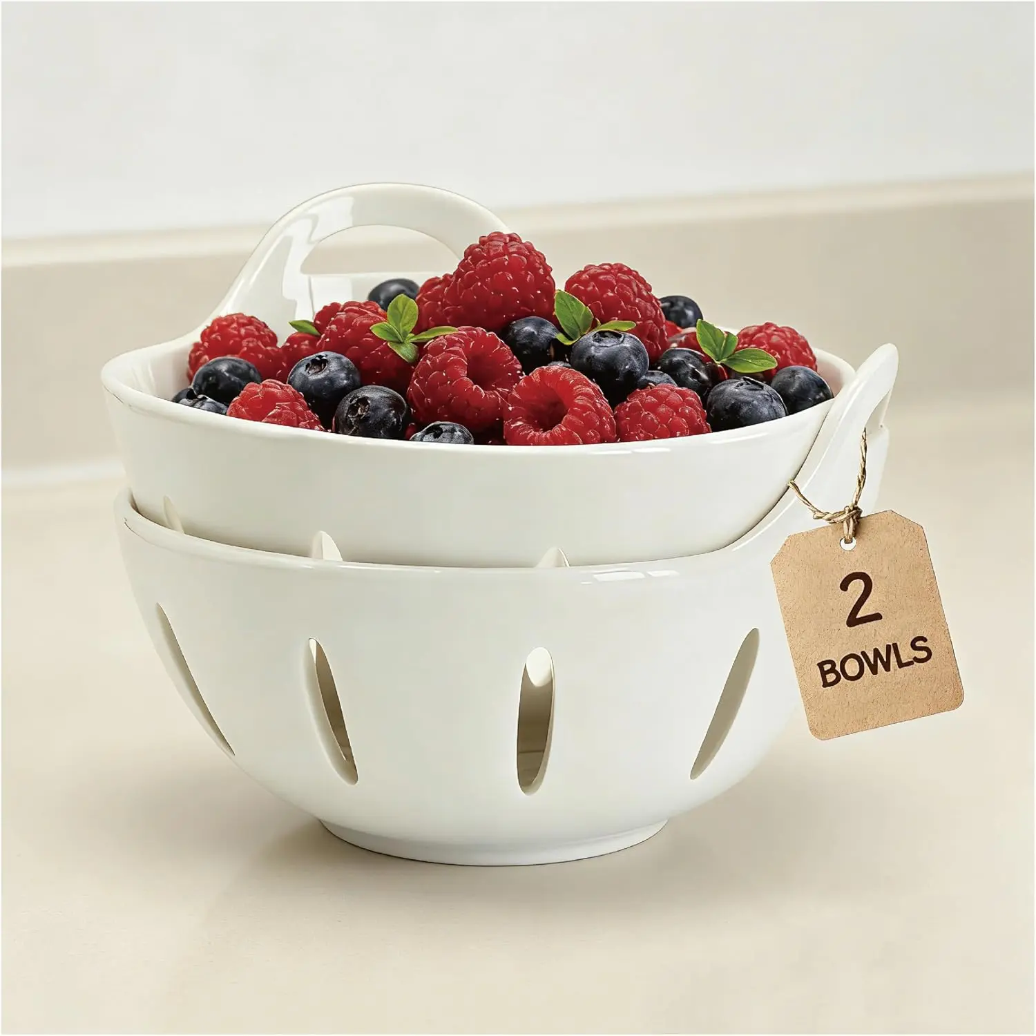 Ceramic Berry Basket Set of 2 – 6-Inch Fruit Colander Bowls with Drain Holes, Modern Stoneware Design, Dishwasher Safe (White)