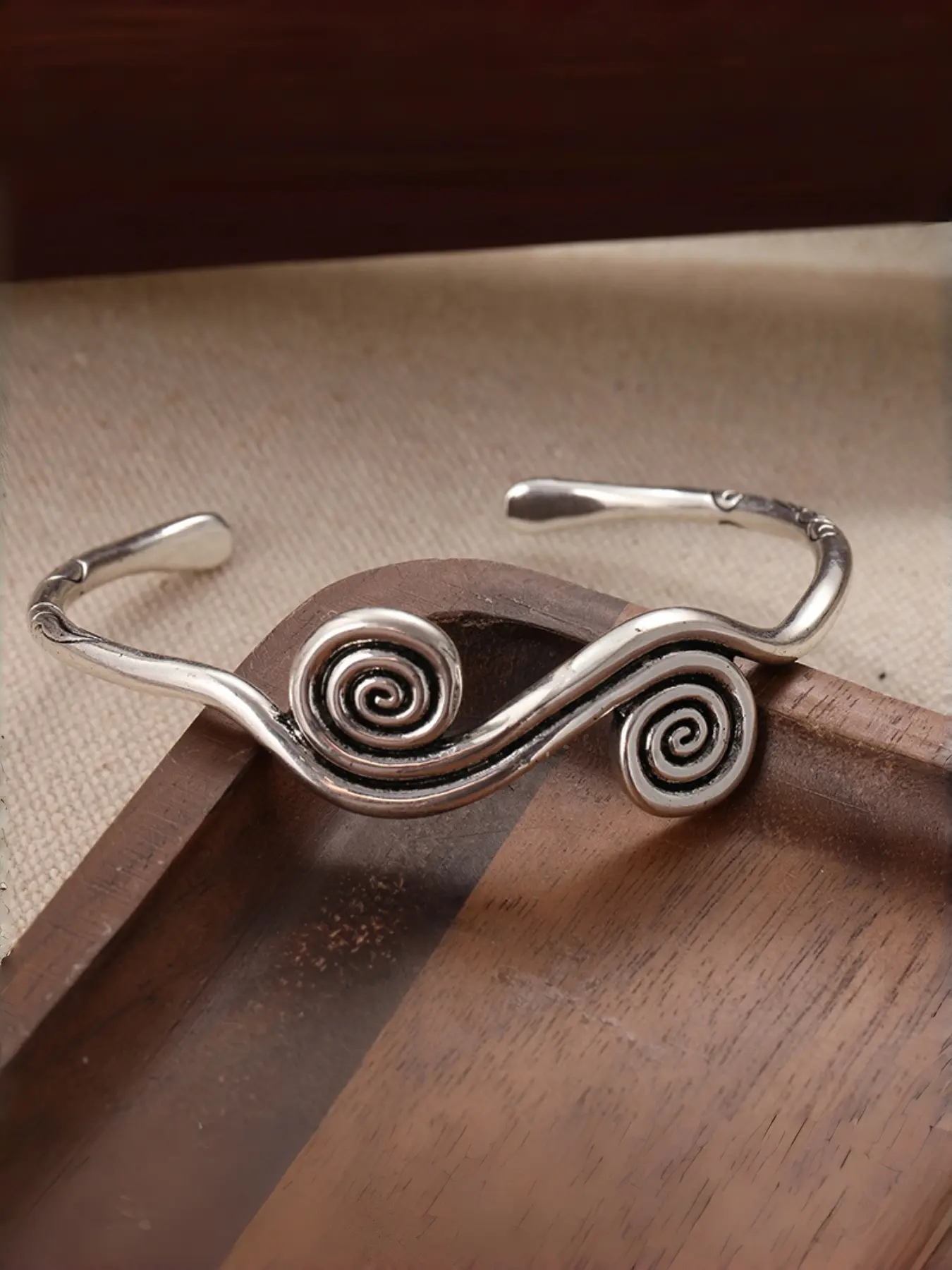Boho Cuff Bracelet with Spirals and Symbolic Engravings, Adjustable Handmade Engraved Ethnic Tribal Rounded