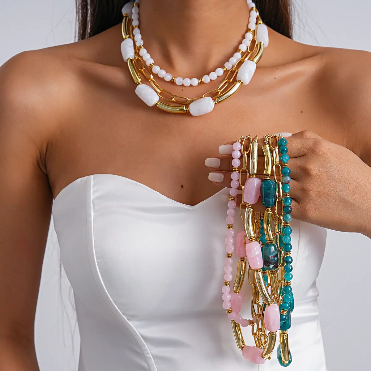 Retro Layered Acrylic Beaded Necklace for Women, Multi-Strand Vintage Bead Choker, Y2K Boho Aesthetic Clavicle Chain, Lightweight Daily Streetwear Party Jewelry Gift