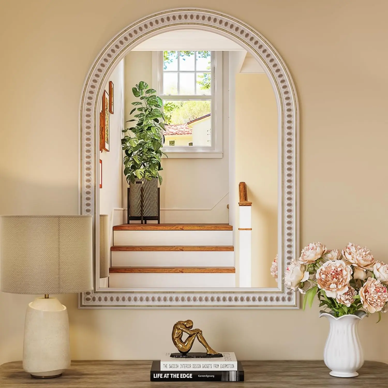 Boho Mirror for Wall, 22" x 30"  Arched Rustic Wooden Frame Mirror with Beaded, Arch Decorative Wall Mirrors for Bathroom, , Living Room, Entryway
