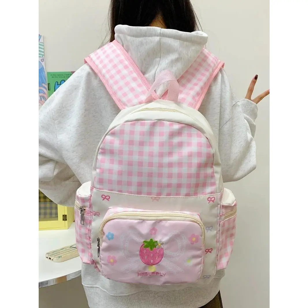 Plaid Strawberry Bow Mochila Korean Style Cute Teenage Girls Student Bag Mochilas Mujer New Bolsas Bags for Woman Backpack