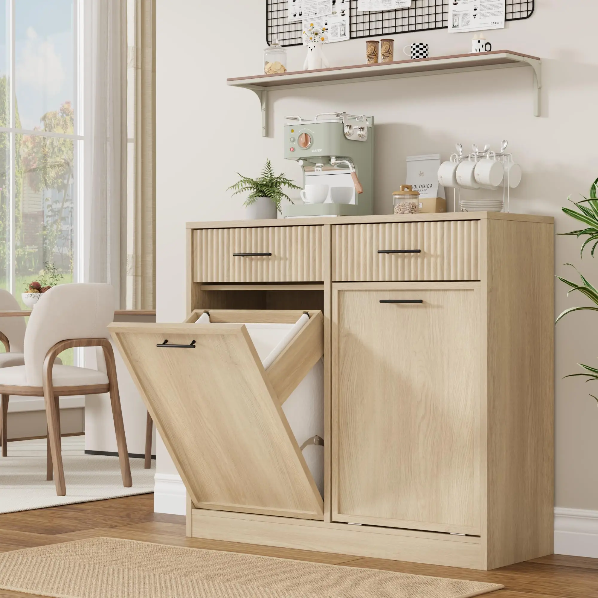 Garvee Fluted Double Tilt Out Laundry Hamper Cabinet and Trash Can Cabinet - Stylish and Functional Storage Solution for Laundry and Waste Management