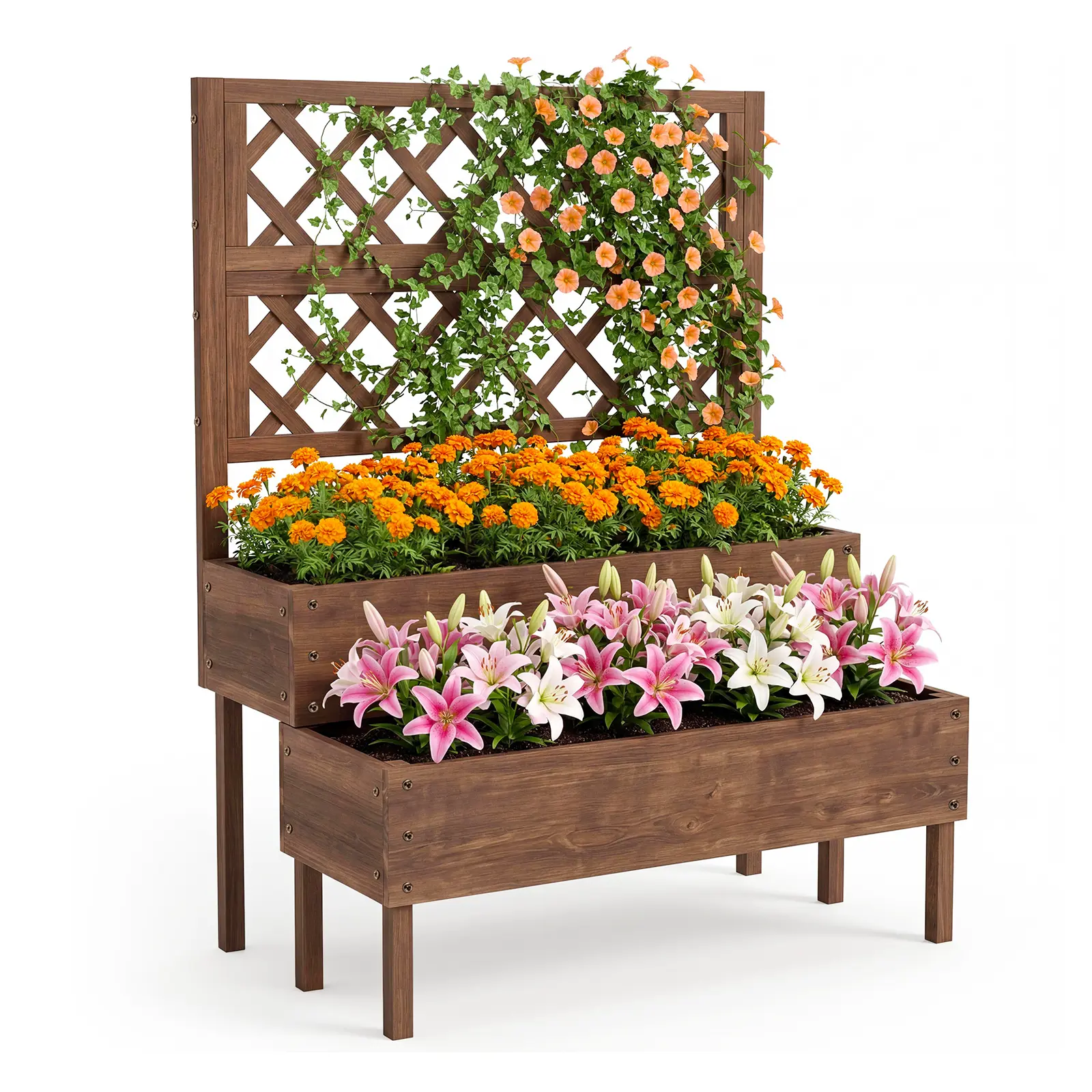 2-Tier Raised Garden Bed with Trellis – Elevated Wooden Planter Box with Legs & Drainage, Ergonomic Fir Wood for Climbing Plants, Herbs, Flowers & Vegetables, Outdoor Patio Balcony Backyard, Brown