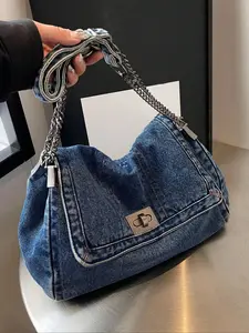Fashion Denim Chain Shoulder Bag, 2026 New Styling Casual Versatile Crossbody Bag for Women, Trendy All-match Commuter Bag for Daily Travel Work Commute, Denim Shoulder Purse