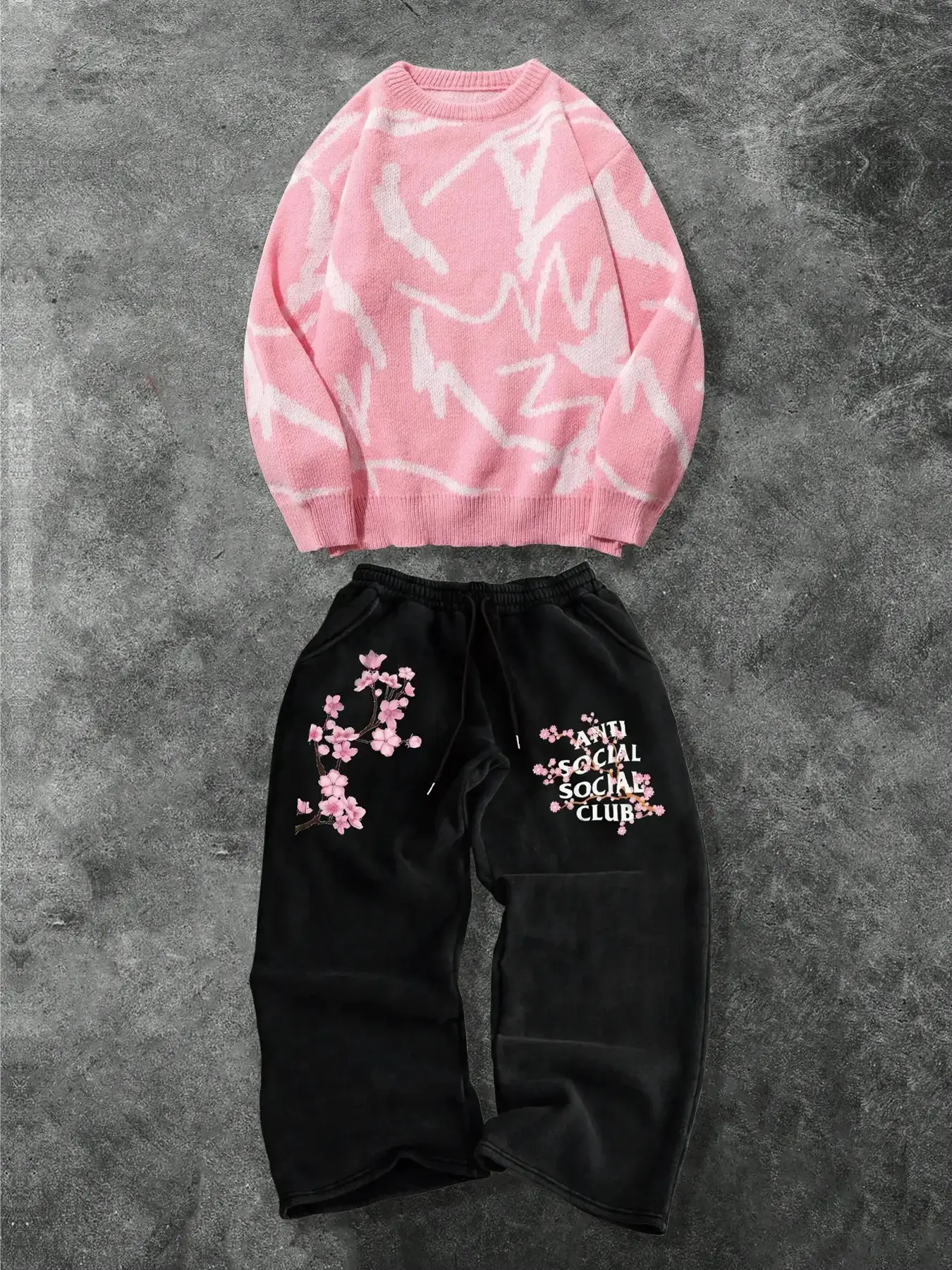 Men's Two-Piece Fashion Casual Set, Soft Round Neck Sweater and Drawstring Wide Leg Pants, Spring Fall Winter Wear, Graphic Print
