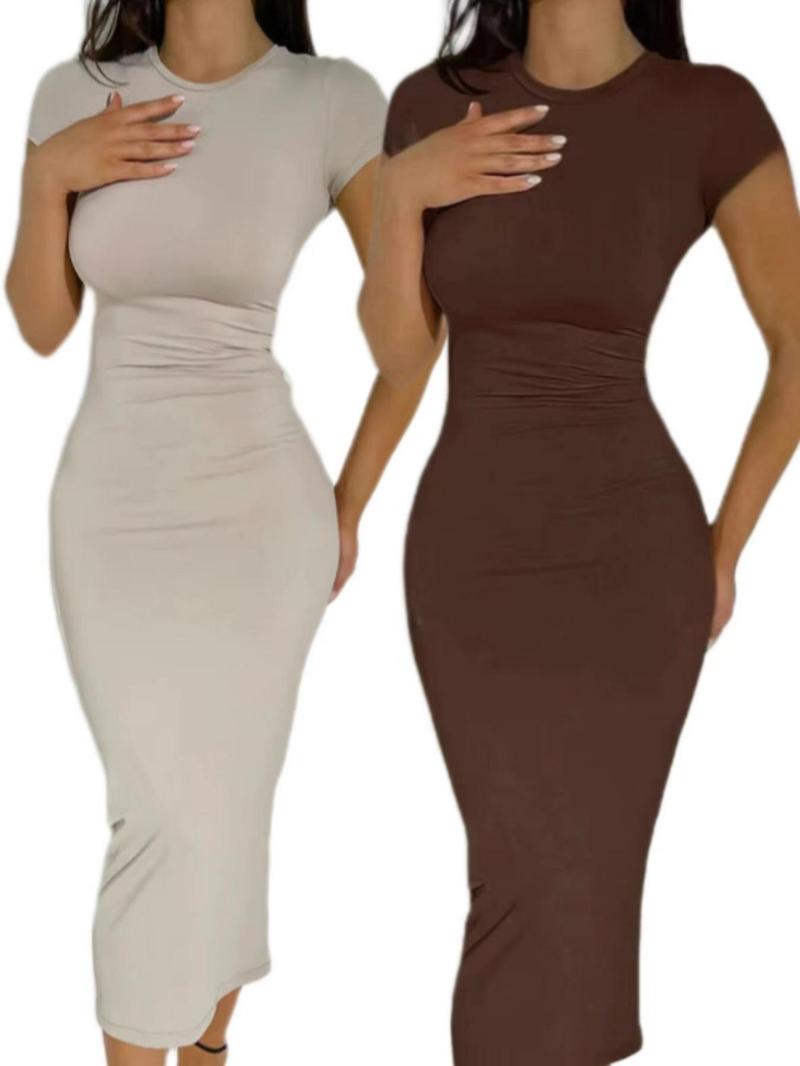 Women's Solid Color Round Neck Bodycon Dress, Elegant Fashion Casual Crew Neck Short Sleeve Dress for Daily Outdoor Wear, Women Dress for Summer, Casual Chic Fitted