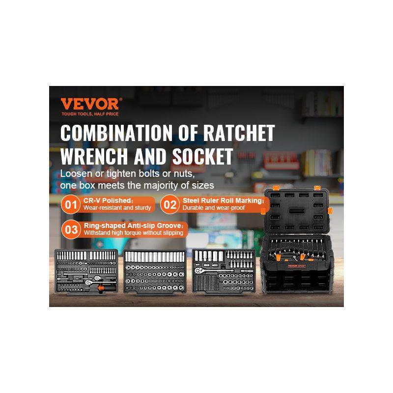 VEVOR Mechanics Tool Set and Socket Set, 1/4 3/8 1/2 Drive Deep and Standard Sockets, 450 Pcs SAE and Metric Mechanic Tool Kit with Bits, Hex Wrenches, Combination Wrench, Accessories, Storage Case