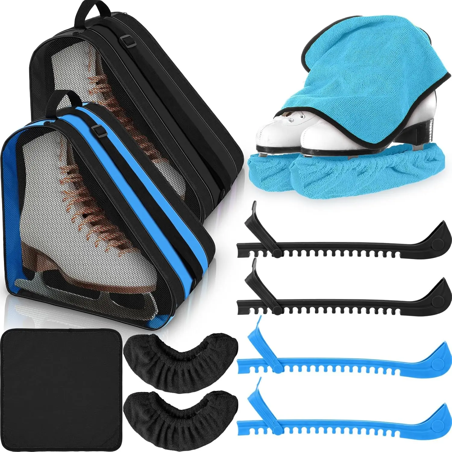 8 Pcs Skate Guards Set - 2 Pairs Hard Guards + 2 Pairs Blade Covers + Towels + Bags - Adjustable Ice Skate Protectors for Adult Hockey, 2 Ice Skate Carry Bags
