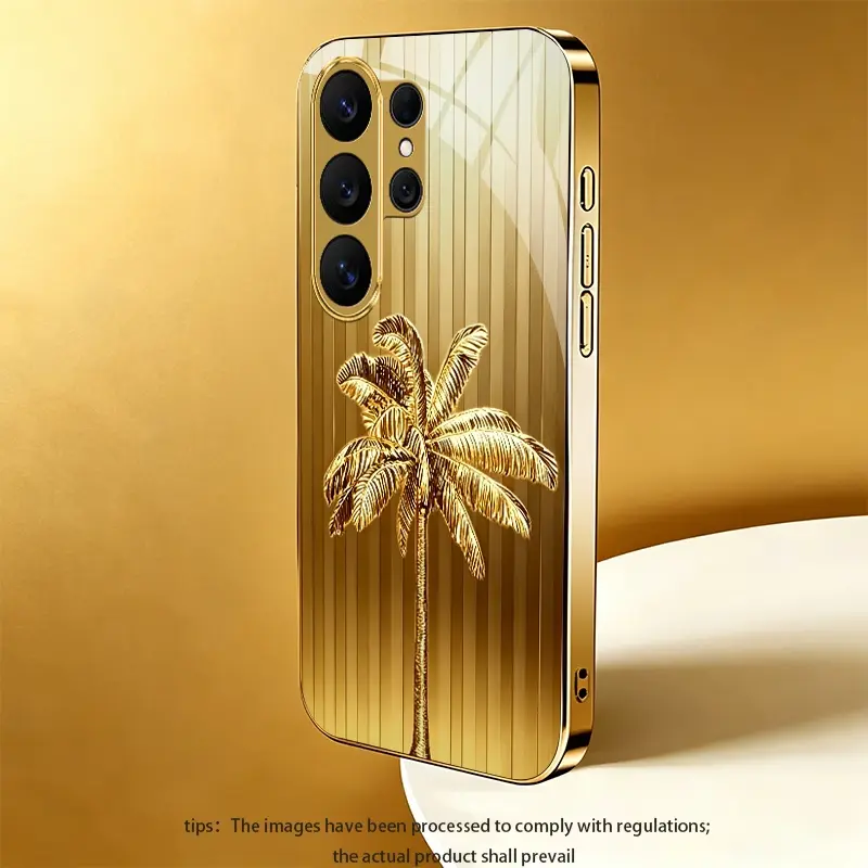 Golden coconut tree phone case for Samsung Galaxy A23 5G/A23/A22 5G/A22/A16 5G/A15/A14 5G/A13 5G/A13/A12/A11/A07 5G/A06 Light luxury gold glass texture phone case