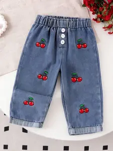 Girls' Street Style Jeans, Elastic Waistband, Cherry Embroidery, Fake Button Front, Rolled Hem, Straight Leg, Casual Fashion