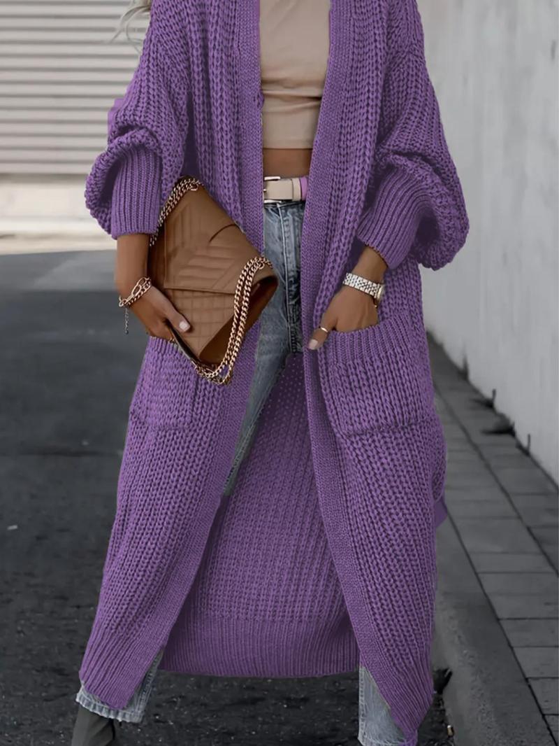 Women's Solid Drop Shoulder Long Cardigan, Casual Long Sleeve Cardigan with Pockets, Ladies Knitwear for Spring & Fall Daily Wear, Sweaters for Women