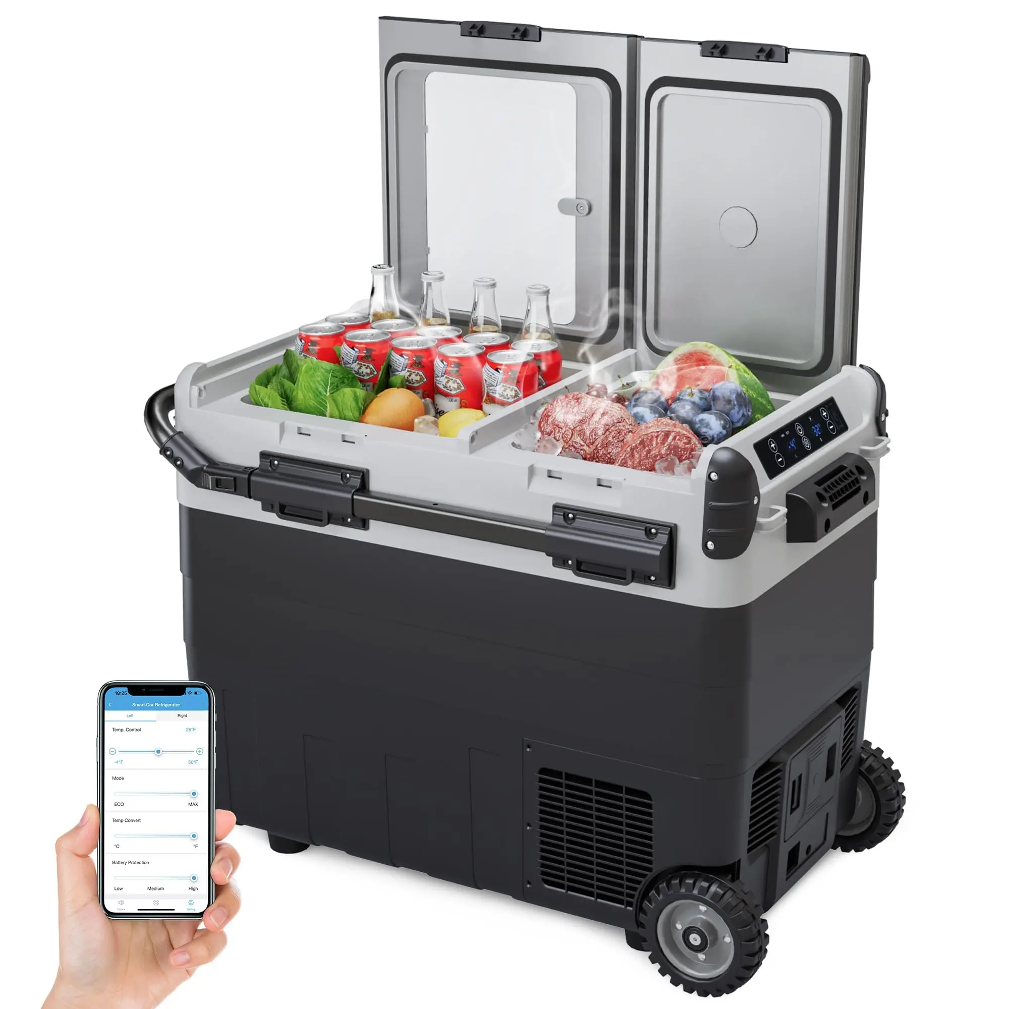 42 Quart Dual Zone Portable Car Fridge Freezer Fast Cooling Compressor Cooler Box, Multi Power Supply ECO Energy Saving Silent Refrigerator with Handle Cup Holder for Camping Road Trip RV Tailgate Fishing Outdoor Travel