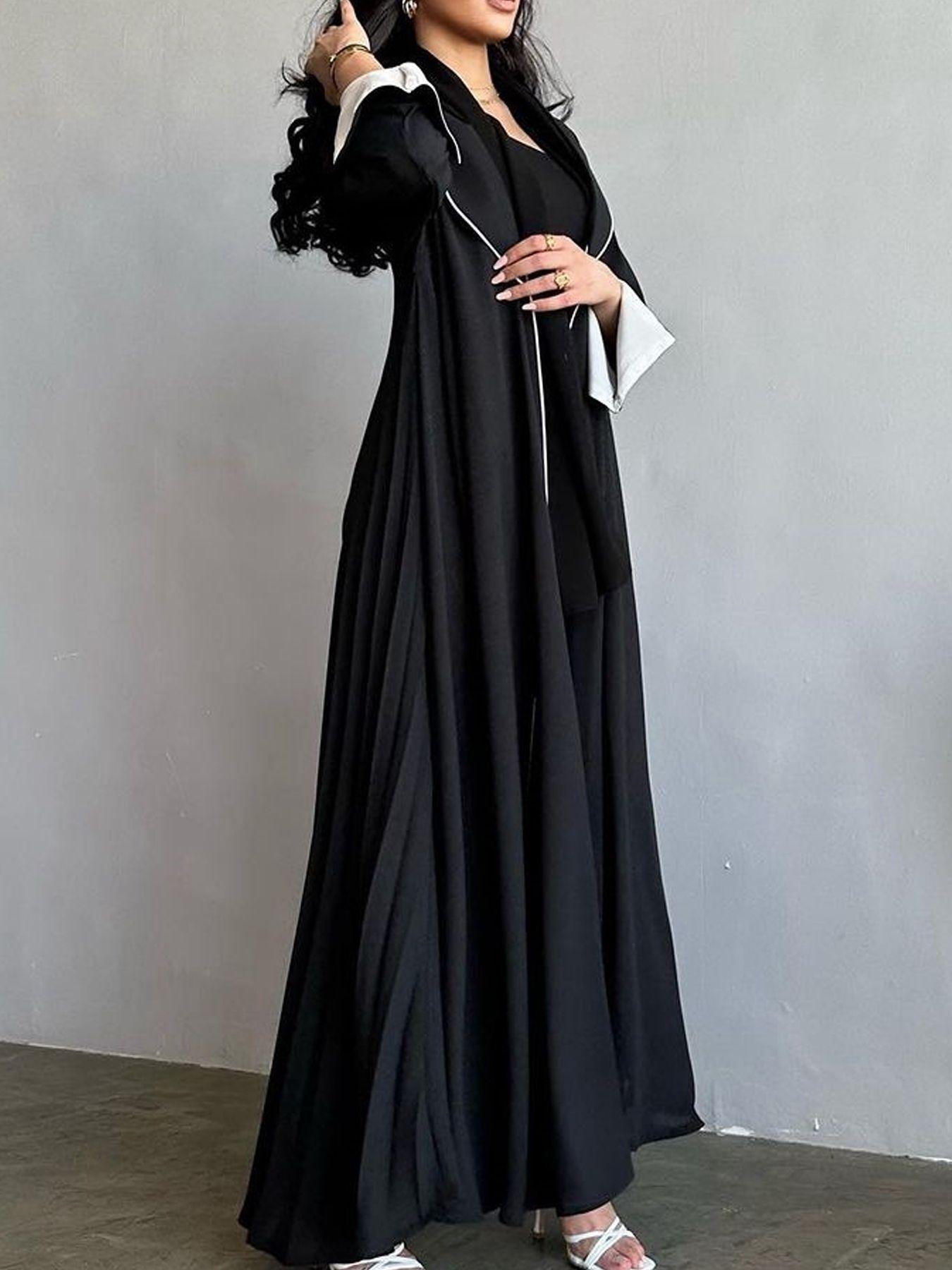 Women's Contrast Binding Open Front Abaya, Modesty Abaya, Elegant Long Sleeve Pleated Drawstring Outerwear for Spring & Fall, Ladies Islamic Clothing for Daily Wear