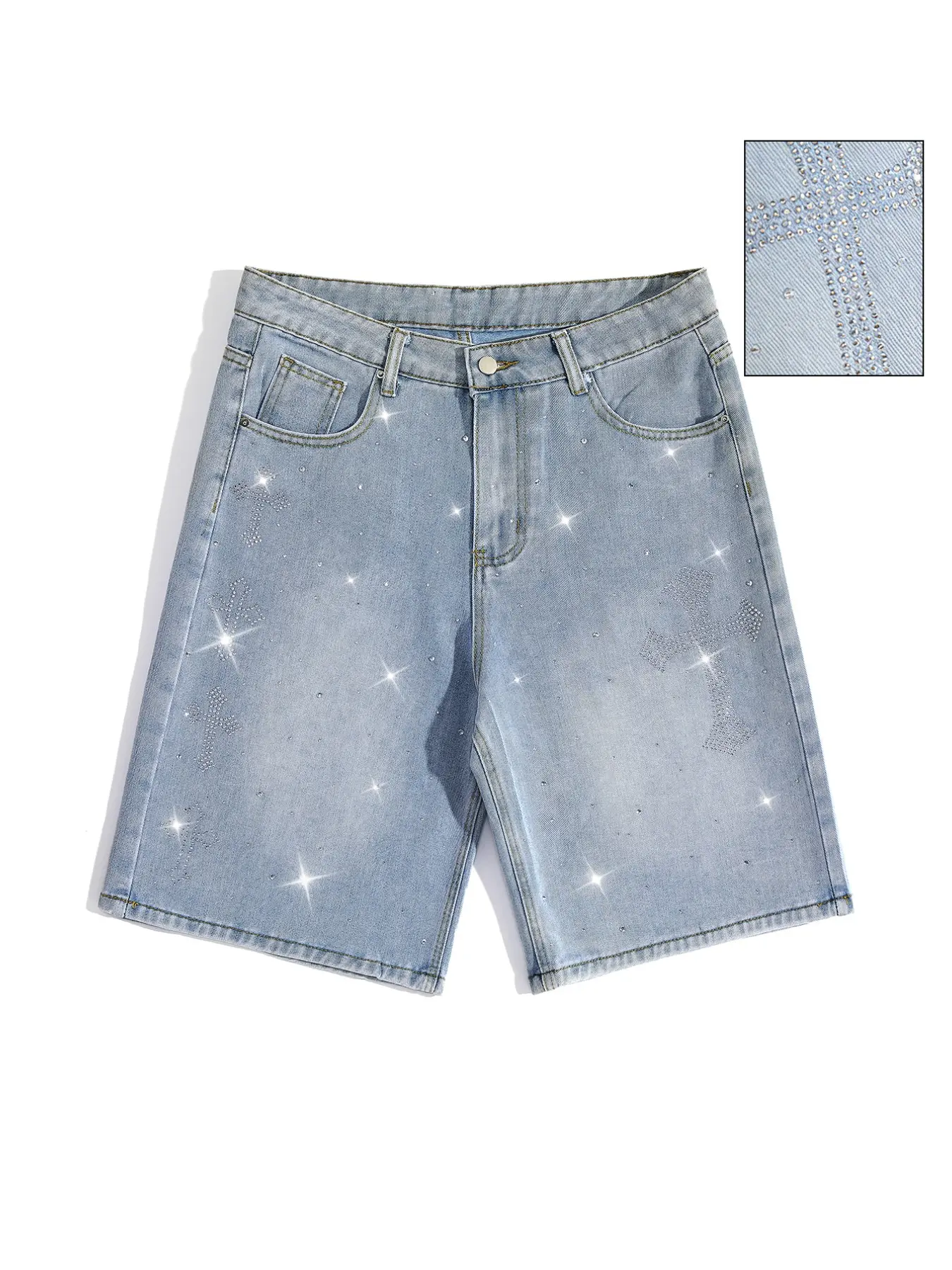 Men Rhinestone Denim Shorts Y2K Sparkly Crystal Light Wash Jorts Hip Hop Baggy Jeans Shorts Sparkling Streetwear for Boys Print Rhinestone Shorts