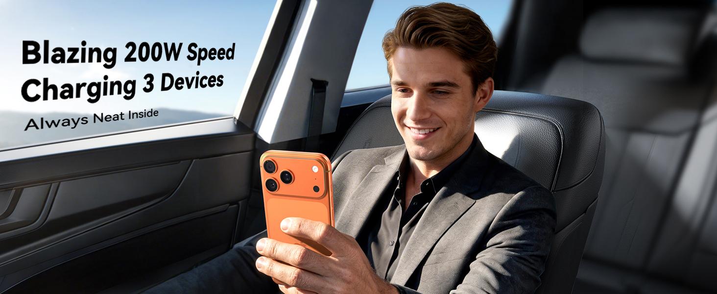 200W Car Charger USB C, PD100W Fast Charge w/100W Type C Fast Charging 5FT Coiled Cable, PD3.0/QC4.0/PPS Cigarette Lighter Phone Adapter for iPhone 17/16 ProMax, MacBook Pro/Air, Samsung S26/S25, iPad