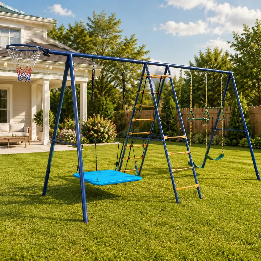 Unisex 6-in-1 Kids Backyard Sports Playground Set - 6 Activities in 1, Swing, Climbing Ladder, Net, Trapeze Bar, Hammock, Basketball Hoop, Adjustable Ropes, Heavy Steel A-Frame, 157" Size, 71x79in, 90lbs