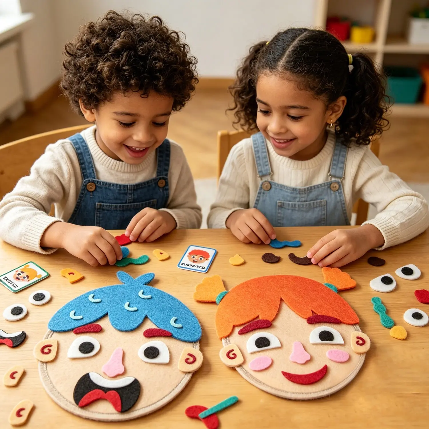 Felt Mood Board: A social and emotional learning toy featuring fun facial expression puzzles. Includes 4 hairstyles, 68 facial expressions, and 9 flashcards. Ideal for school and home learning activities, used to express emotions. A suitable holiday gift