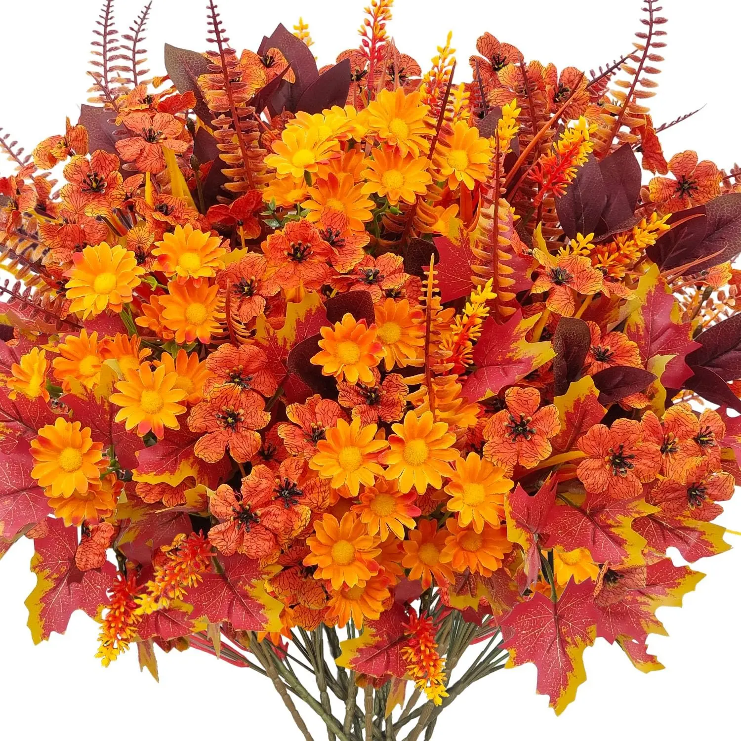 18 Bundles 6 Styles Artificial Fall Flowers, UV Resistant Fake Mums Silk Daisy, Faux Plastic Boston Ferns for Garden Porch Patio Decor