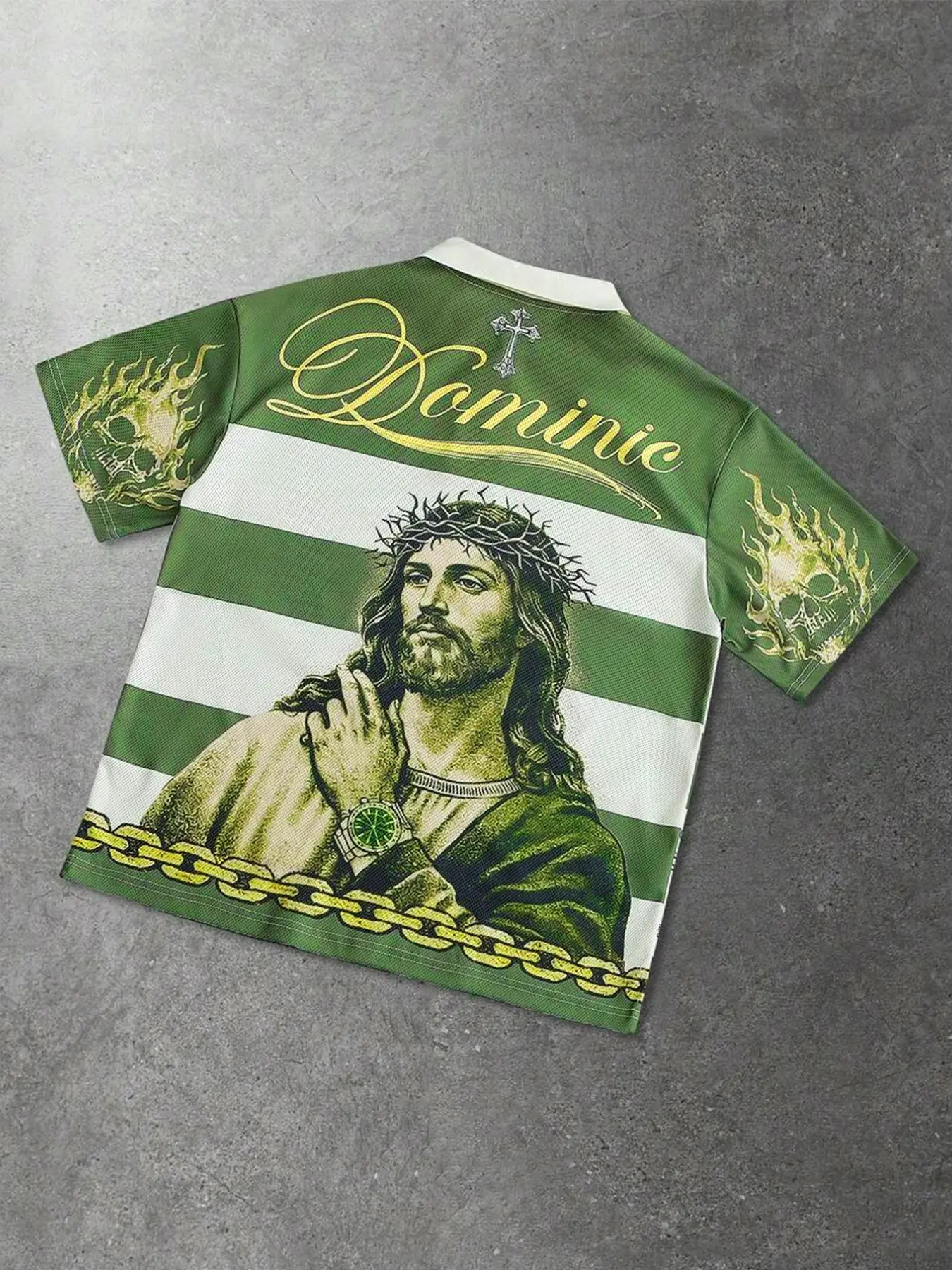 Men's Polo Shirt, Casual Tops, Streetwear, Retro Stripe Polo with Jesus Portrait Skull Flame Graphic Print, Street Style Men's Short Sleeve Lapel Shirts, Blockecore Athletic Wear, Y2K Grunge Aesthetic, for Vacation and Music Festivals