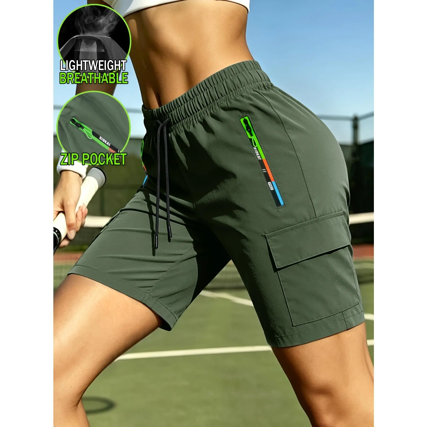 Women's Comfortable Cotton Woven Casual Workwear Shorts - Drawstring Waist, Gradient-Color Zipper Pockets, Cropped Length, Lightweight Breathable Bottoms for Everyday Wear, Clothes