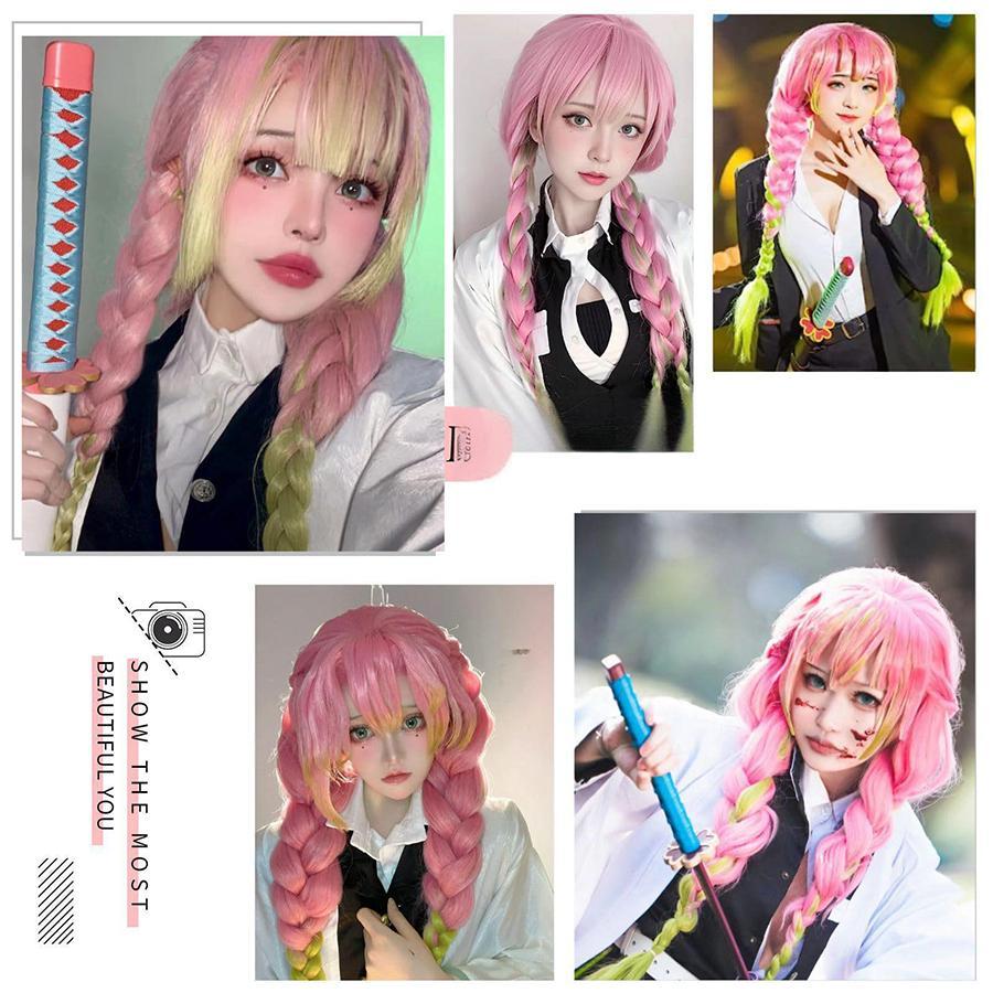 Anime Mitsuri Kanroji Cosplay Synthetic Wig Long Pink Green Braid Heat Resistant Hair Authentic Cosplay Wigs