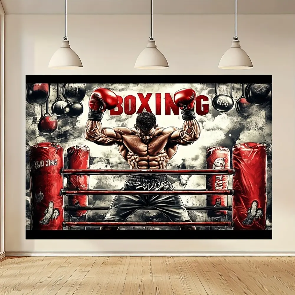Boxing Theme 2D Flat Banner, Single-Sided Polyester Party Backdrop with Metal Grommets for Easy Hanging, Boxing Ring Wall Art Photo Background for Birthday Parties, Sports Events, Gym Decor & Photography Props