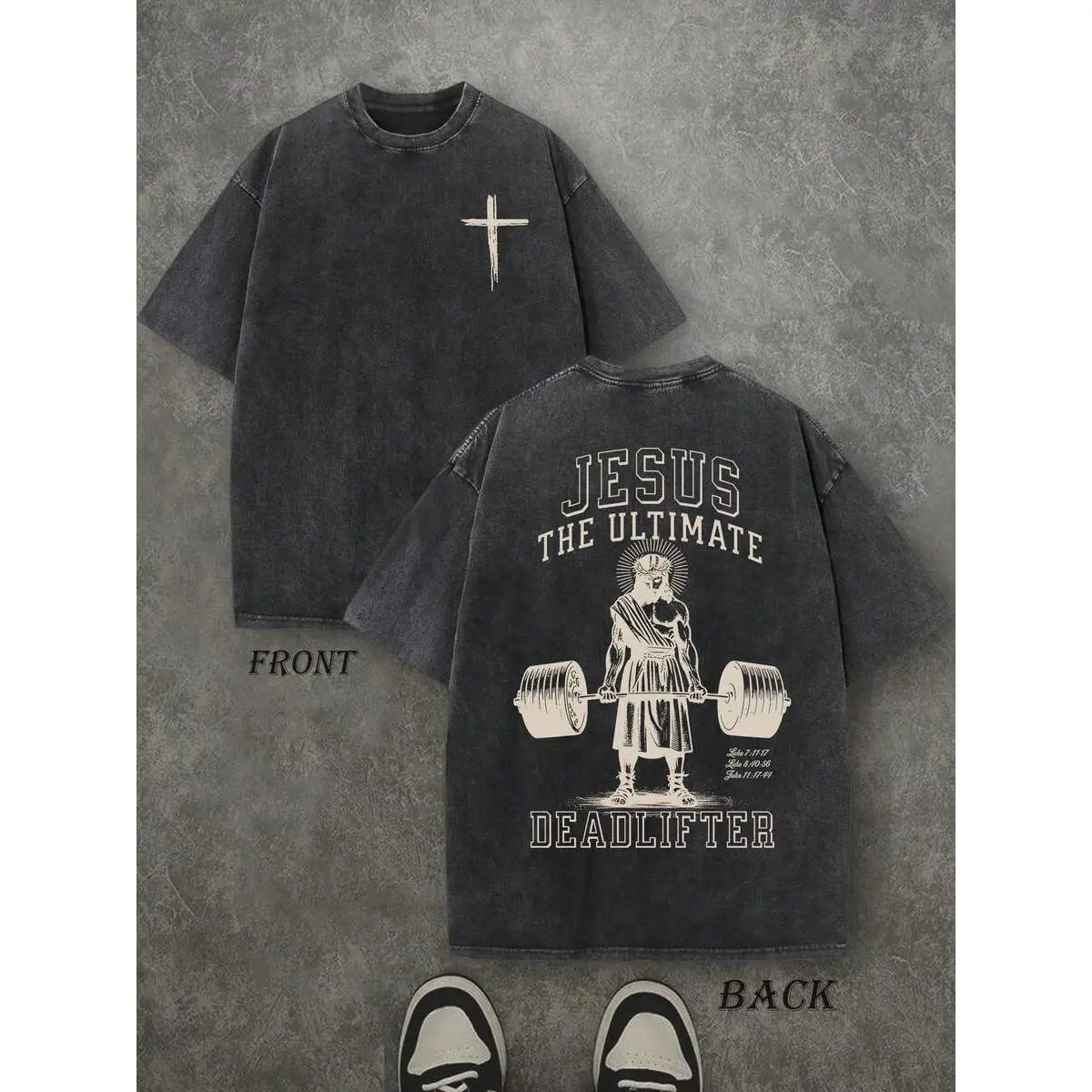 Heavyweight Washed Cotton T-Shirt Unisex Vintage Streetwear Double-Sided "JESUS THE ULTIMATE DEADLIFTER" Christian Tee, Gym T-Shirt