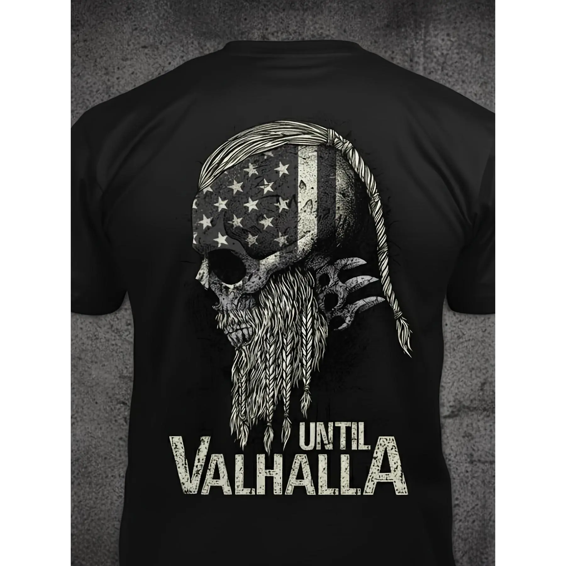 Viking Skull T-shirt - Distressed Viking Print, Short Sleeve Round Neck Casual Fitness Apparel, Suitable for Training, Outdoor Activities, Gifts, Military Apparel, with Hem (Machine Washable)