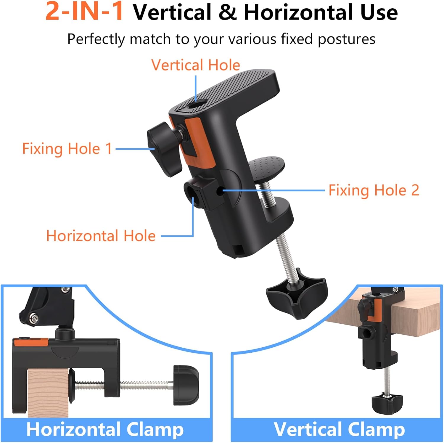 Table Clamp Mount for Microphone Stand, 2-in-1 Mic Boom Arm Clamp Table C Clip for Desktop Overhead Camera Tripod Mic Stand Lamp Base, Fits Up to 2.56 inch 6.5cm Desktop Thickness, 1 count