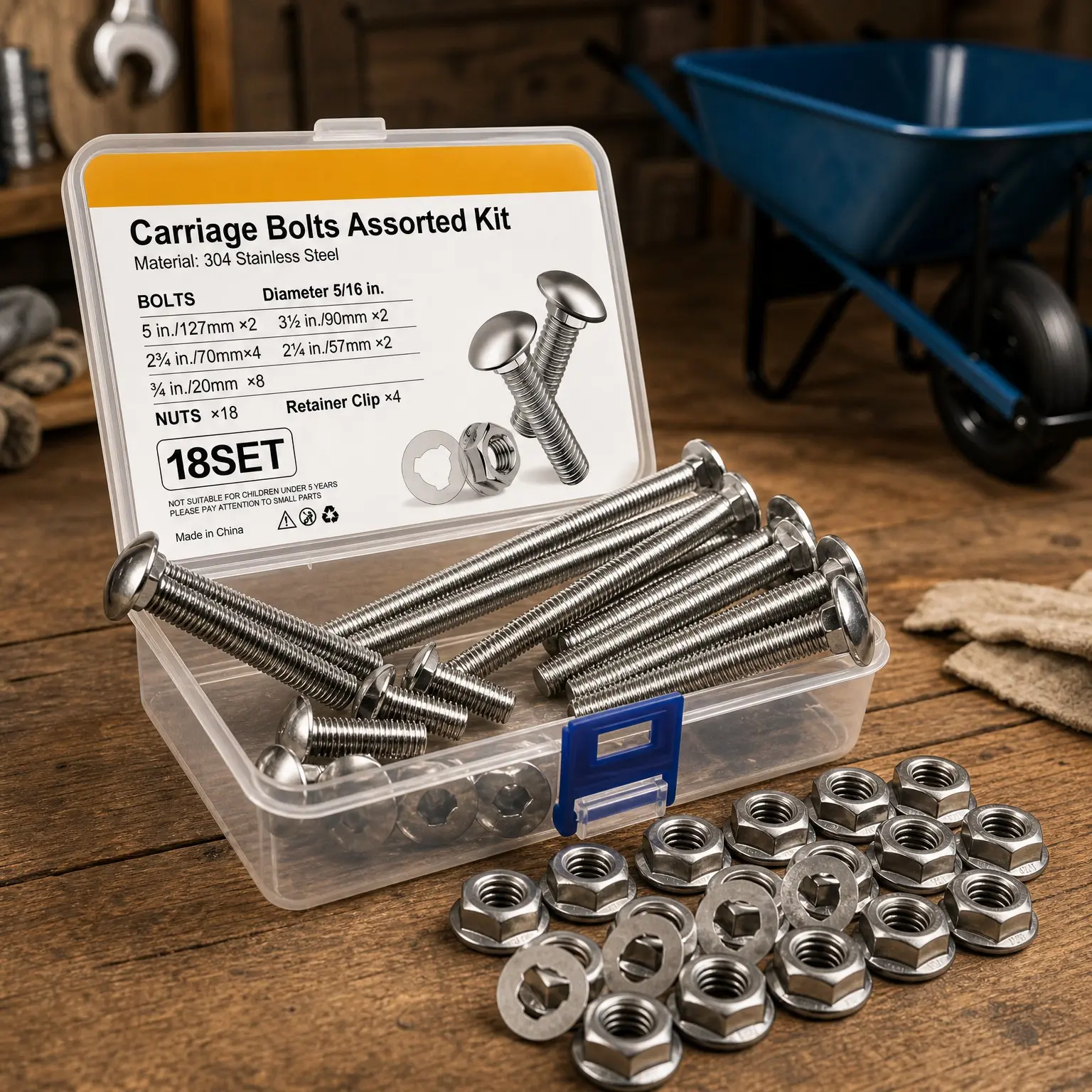 18 Sets Wheelbarrow Carriage Bolts and Nut Kit, 5/16-18 Stainless Steel, 5 Lengths Included, Flange Hex Nuts and Nylon Retainer Clips, Wheelbarrow Handle Replacement PartsGift